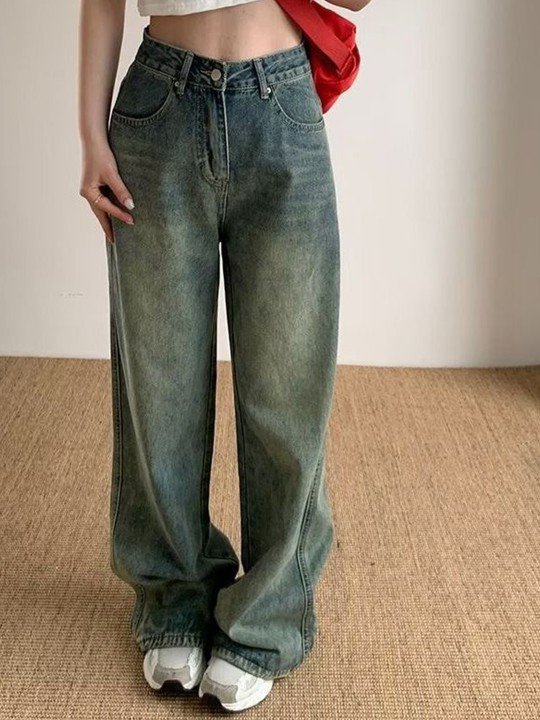 Women Wide Leg High-Rise Heavy Fade Denim Jeans